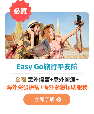 Easy Go旅行平安險 全程意外傷害+意外醫療+海外突發疾病+海外緊急援助服務
